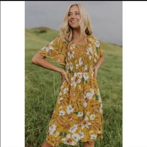 Roolee floral smocked mustard dress